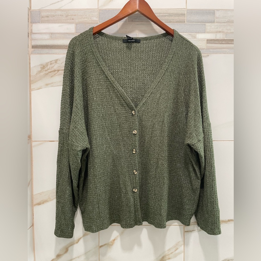 Forever 21 Olive Button-Up oversized waffle knit Cardigan - Picture 3 of 8